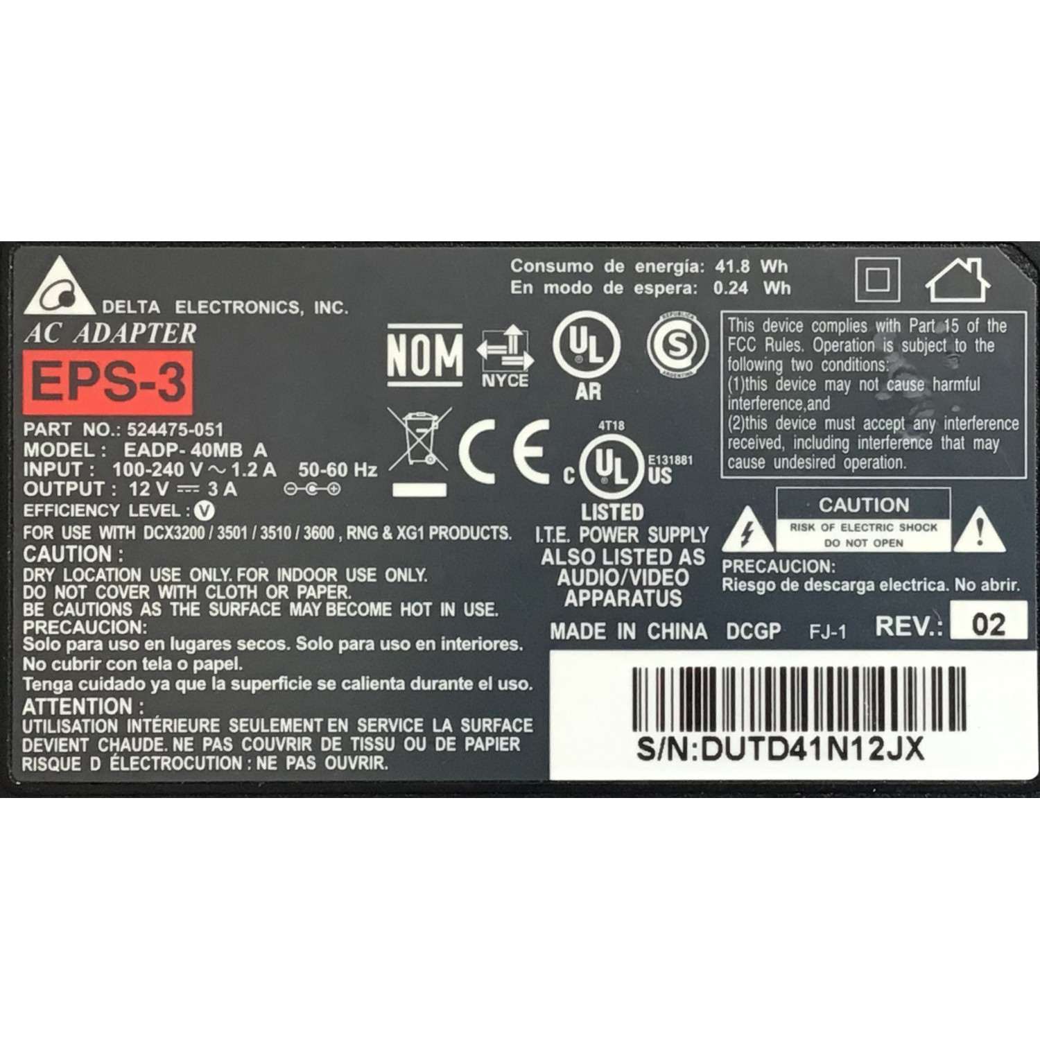 CARGADOR / ADAPTADOR DE FUENTE DE ALIMENTACION DELTA ELECTRONICS VCA-VCD / NUMERO DE PARTE 524475-051 / EPS-3 / ENTRADA VCA 100-240V~ 1.2A 50-60HZ  / SALIDA VCD 12V 3A / MODELO EADP-40MB A  - Imagen 3